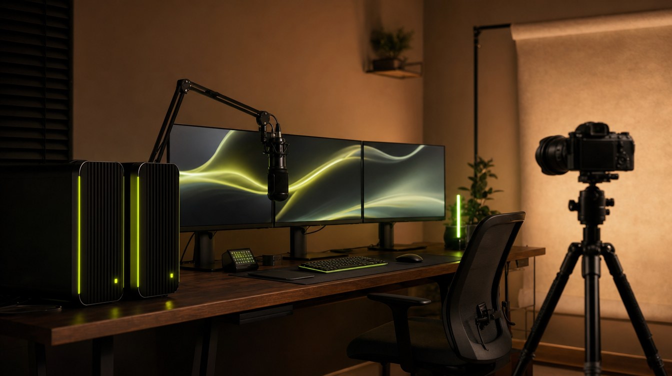 A one-person AI production studio: GPU towers, three monitors, a camera and a microphone